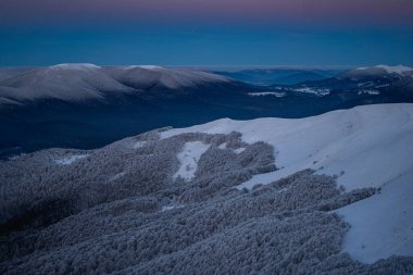Karlı tepeler ve soğuk yürüyüş koşulları sırasında Tarnica 'dan görülen Bieszczady Dağları' nın uzak tepeleri ile mavi saat gündoğumu sırasında dağ manzarası.