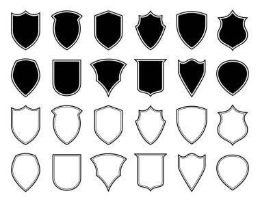 Rozet şablonları klasikleşmiş. Siyah benekli siluetler. Polis rozeti, rozet, etiket. Beyaz arkaplanda izole