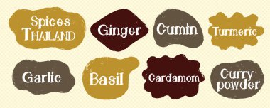 Konuşma metni yazılabilir mutfak baharatı seti. Koleksiyon tasarım adı tanımlaması.