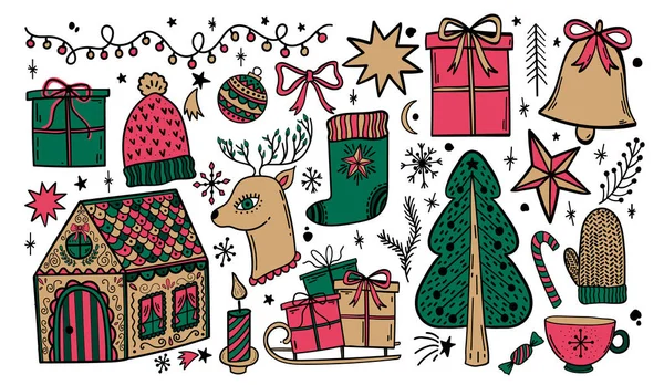 Veselé Vánoce Kreslené Ručně Šťastný Nový Rok Sbírka Skic Izolované — Stockový vektor