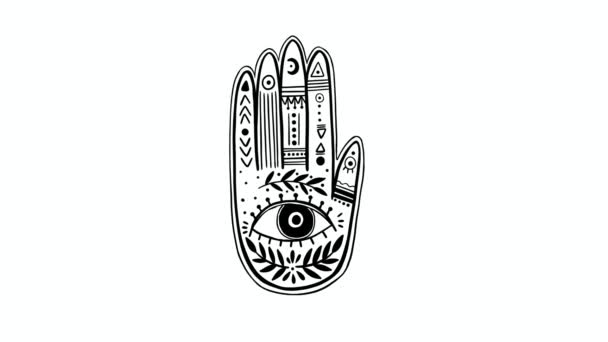 Palmistry ruky blikající okultní oční animační klip, černobílá kresba v kruhu na bílém pozadí. — Stock video
