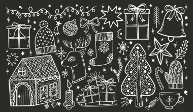 Mutlu noel çizimleri seti. Mutlu yeni yıl taslak koleksiyonu. Siyah arkaplanda yalıtılmış element dekorasyonu. Vektör illüstrasyonu.