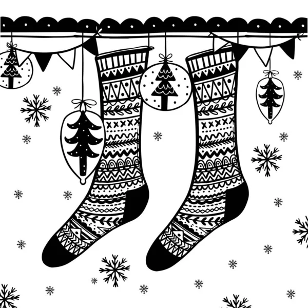 Veselé Vánoce dekorace čmáranice.Doodle styl blahopřání s roztomilými pletené ponožky. — Stockový vektor