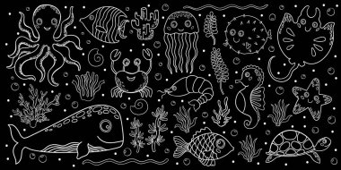 Büyük vektör çocuklar, deniz altı hayvan grupları. Ahtapot, balina, denizanası, kaplumbağa, vatoz, balık, yengeç deniz yıldızı kirpi balığı..