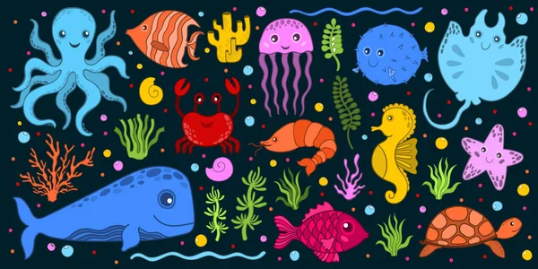 Великий векторний дитячий набір морських підводних тварин. Ізольований мультиплікаційний стиль. Октопус, кит, медуза, черепаха, постріл, риба, крабовий морський коник, креветка морська риба . — стоковий вектор