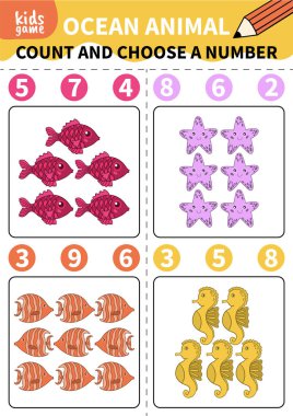 Anaokulu öğrencileri ve ilkokul öğrencileri için masa oyunu. Çocuk eğitim kitabı için sayfa. Sualtı yaşamı ve deniz hayvanları..