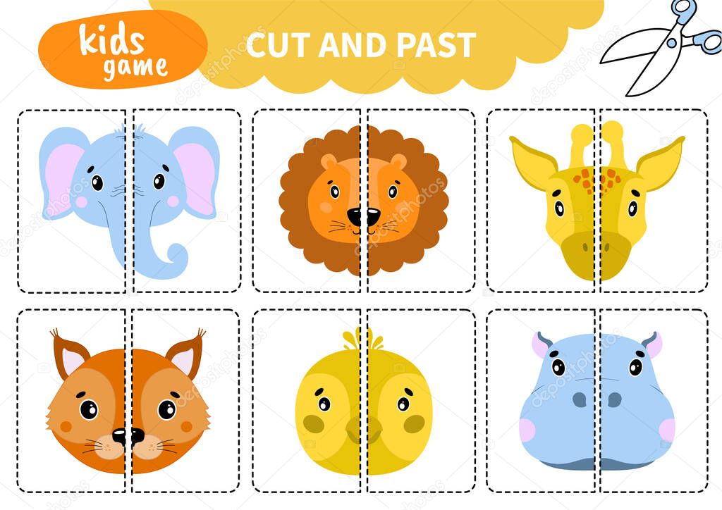 Children board game for preschoolers and primary school students worksheets.Page for kids educational book.Cute head portrait animal.