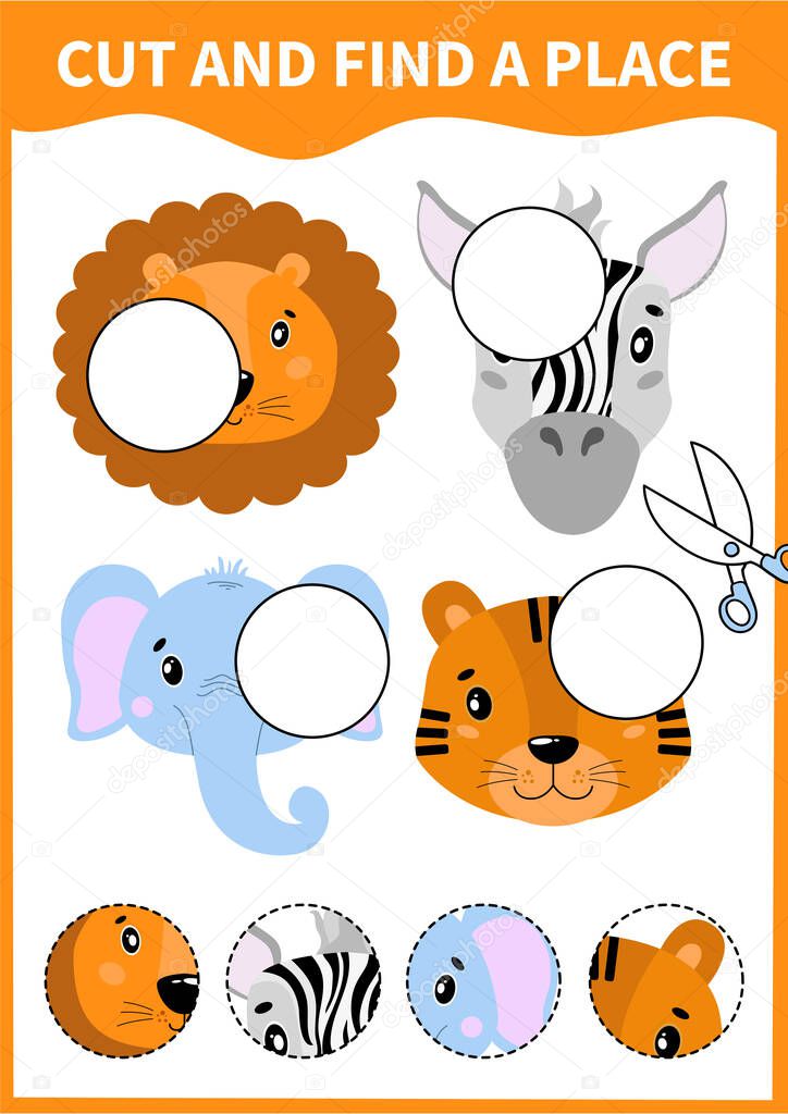Children board game for preschoolers and primary school students worksheets.Page for kids educational book.Cute head portrait animal.
