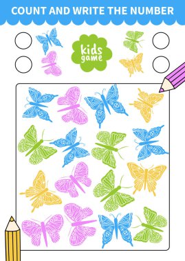 Anaokulu öğrencileri ve ilkokul öğrencileri için oyun tahtası çalışma kağıtları, anaokulu. Çocuk eğitim kitabı için çağrı. Sevimli insct kelebek.