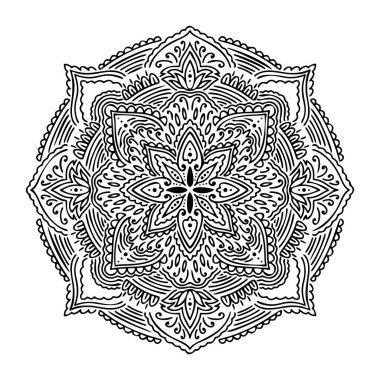 Beyaz arka planda izole edilmiş grafik yuvarlak mandala Boho kızılderili şekli..