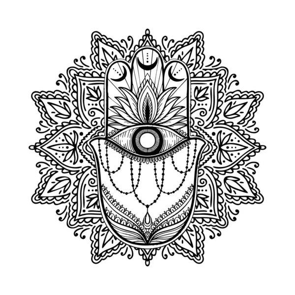 Gráfica mano de hamsa tradicional abstracta aislada en fondo blanco. Forma india boho. Estilo étnico oriental. — Vector de stock