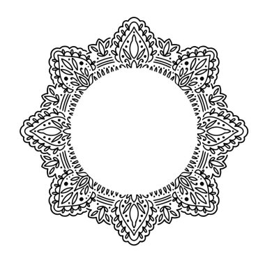 Mandala 'nın beyaz arka planda izole edilmiş grafiksel yuvarlak çerçevesi Boho kızılderili şekli..