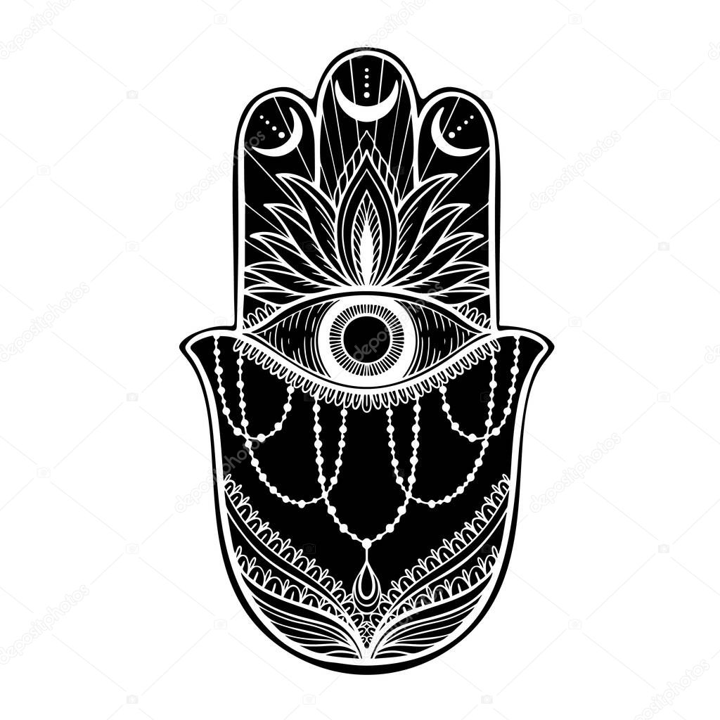 Graphic hamsa hand traditional abstract isolated in white background.Boho indian shape.Ethnic oriental style.