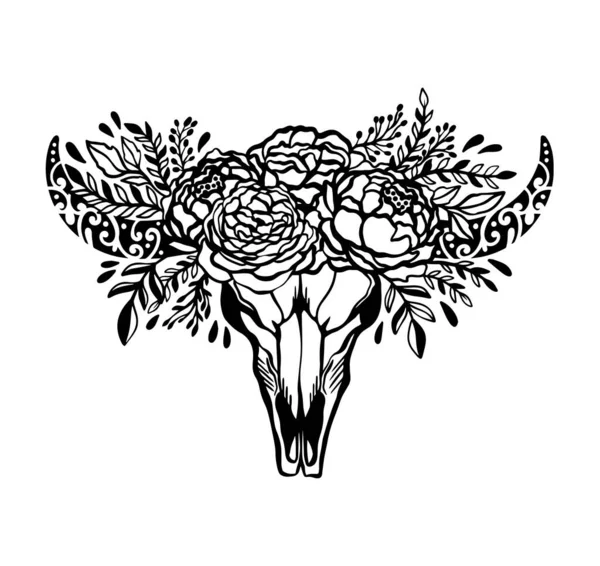 Caveira flor de vaca floral rose.Ethnic símbolo decoração native.Boho estilo americano style.Isolated ni fundo branco. — Vetor de Stock