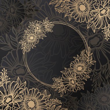 Çiçek çerçeveli çelenk daire. Mürekkep çizgisi tarzı. Çiçek yapraklı botanik yuvarlak tasarım..