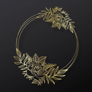 Çiçek çerçeveli çelenk daire. Mürekkep çizgisi tarzı. Çiçek yapraklı botanik yuvarlak tasarım..