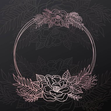 Çiçek çerçeveli çelenk daire. Mürekkep çizgisi tarzı. Çiçek yapraklı botanik yuvarlak tasarım..