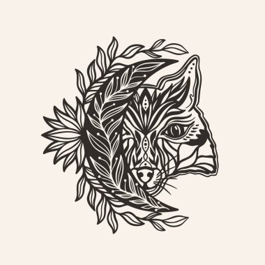 Ay hilal totemik tilki mandalası. Astroloji boho cadı sembolü. Gizemli dekorasyon modası.