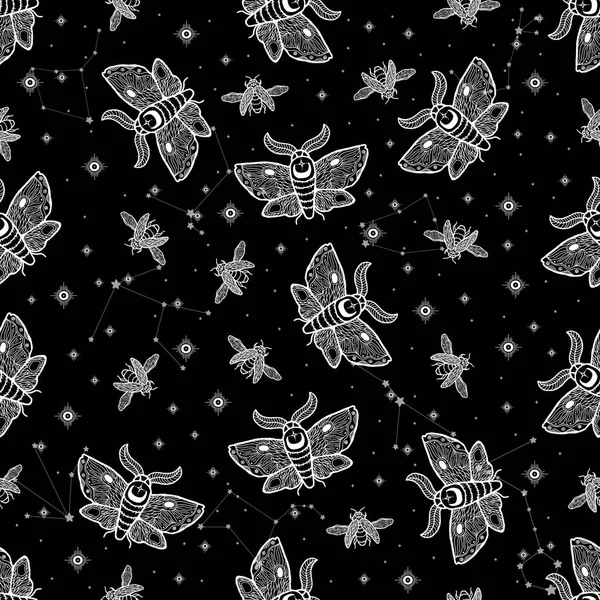 Patrón inconsútil polilla celeste insecto símbolo abstracto espacio.Astrología fondo doodle estilo. —  Fotos de Stock