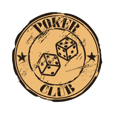 Poker kulübü, iki zarla eski püskü amblem tasarımı. Kumarbaz posta pulu mühür taklidi. Kağıt üzerinde poker logosu. Klasik grunge stili simge damgası. Kumarhane oyunu.