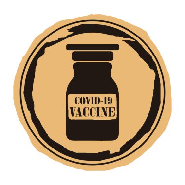 COVID-19 aşı şişesi vektör düz simgesi eski usul zanaat arka planı. Covid-19 tedavisi. Aşıyla mühürle. Pandemik COVID grunge lastik yuvarlak damga. Anti Coronavirus hastalığı COVID-19.