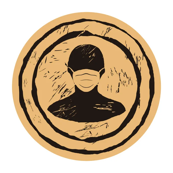 矢量圆形邮票 男人戴着医疗面罩 工艺背景为旧式 戴上面具标志 戴口罩的强制性标志 抗病毒措施 Covid 防止结肠病毒的保护 — 图库矢量图片