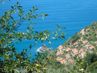 Cinque Terre, İtalya - 09 / 02 / 2020: Bir kıyı balıkçı köyünün güzel manzarası, pek çok küçük renkli ev manzarası, Cinque Terre adlı küçük İtalyan kasabasının geleneksel mimarisi
