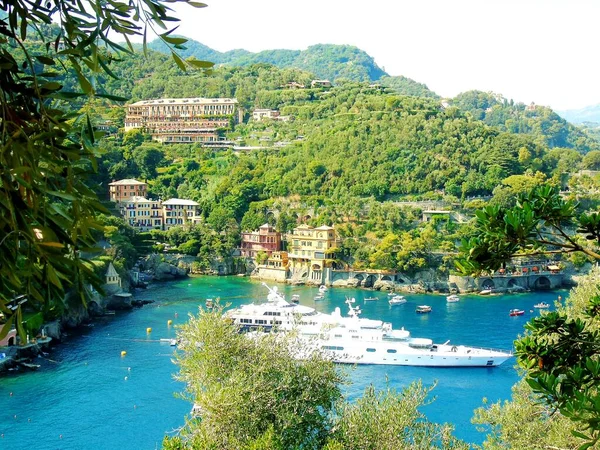 Portofino Itália 2021 Bela Baía Com Casas Coloridas Portofino Nos — Fotografia de Stock