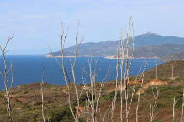 Elba, İtalya 01 Eylül 2021: Elba Adası 'ndan güzel yerler. Adanın havadan görüntüsü. Sahillerin yakınındaki küçük ünlü köyler. Yaz turistik yerleri. Arka planda bulutlar ve mavi gökyüzü.