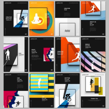 Broşürler, broşürler, broşürler, A4 broşür tasarımı, sunum, dergi kapağı, kitap. Spor etkinliği ve fitness tasarımı için eşsiz bir stil içeren soyut renkli spor arkaplanları.