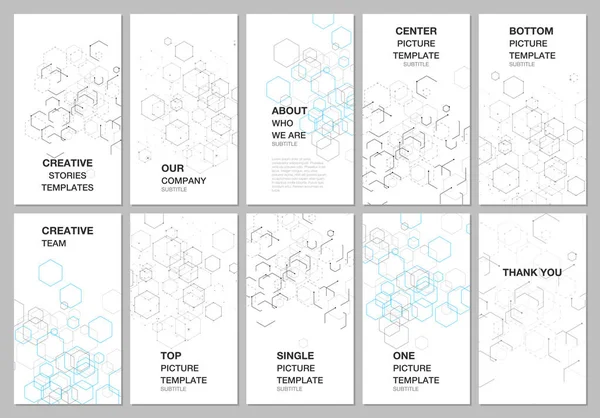 Проектирование историй социальных сетей, вертикальных баннеров или флаеров. Обложки шаблонов дизайна для листовок, листовок, обложек брошюр. Шестиугольная структура медицинских, технологических, химических, научных концепций — стоковый вектор