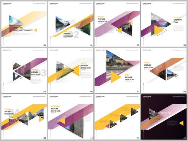Renkli üçgenleri ve üçgen şekilleri olan minimal broşür şürleri. Kare broşür, broşür, sunum, sosyal medya reklamları, online seminer, dijital eğitim için kapak tasarımı şablonları.