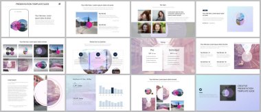 Sunum tasarım vektör şablonları, sunum slaytı için çok amaçlı şablon, broşür kapağı tasarımı ve soyut daire pankartları. Sosyal medya web pankartı. Sosyal ağ fotoğraf çerçevesi.
