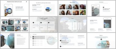 Sunum tasarım vektör şablonları, sunum slaytı için çok amaçlı şablon, broşür kapağı tasarımı ve soyut daire pankartları. Sosyal medya web pankartı. Sosyal ağ fotoğraf çerçevesi.
