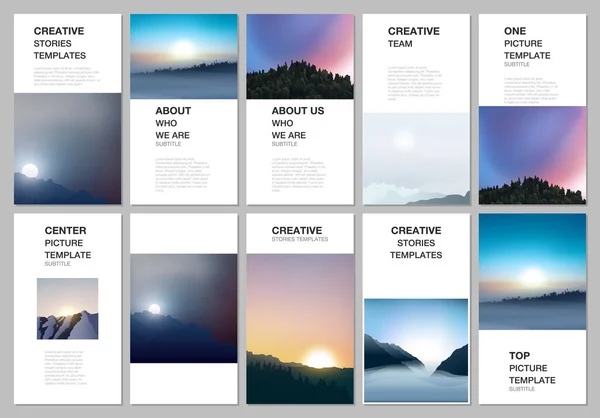 Diseño de historias de redes sociales, banner vertical o plantillas de volante. Cubre plantillas de diseño para volante, cubierta. Niebla, amanecer por la mañana y atardecer por la noche. Naturaleza paisajes con montañas — Archivo Imágenes Vectoriales