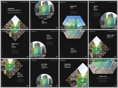 Kare formatın broşürü kare broşür şürleri, broşür tasarımı, rapor, sunum, dergi kapağı için tasarım şablonları kapsıyor. Basit üçgen şekilli soyut geometrik arkaplanlar.