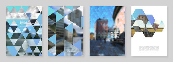 A4 brochure layout of covers design template with triangles, triangular pattern for flyer leaflet, A4 brochure design, report, presentation, magazine cover, book design.Background with place for photo