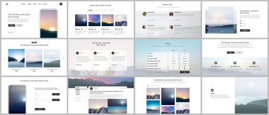 Web sitesi tasarımı, sunumlar, portföy, sunum slaytları, broşür kapağı, rapor için vektör şablonları. Sis, sabah gün doğumu ve akşam gün batımı. Dağlı doğa manzarası.