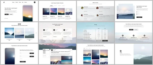 Vektormallar för webbdesign, presentationer, portfölj, presentationsbilder, broschyromslag, rapport. Dimma, soluppgång på morgonen och solnedgång på kvällen. Naturlandskap bakgrunder med berg. — Stock vektor