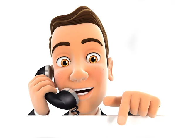 3d businessman on phone and pointing to empty wall — Stock Photo, Image