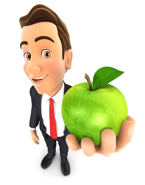 3d businessman holding green apple — Stock Photo, Image