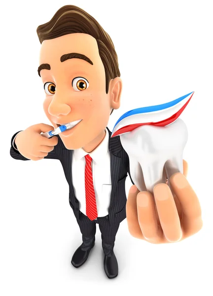 3D επιχειρηματίας βουρτσίζετε τα δόντια του και κρατώντας δόντι — Φωτογραφία Αρχείου
