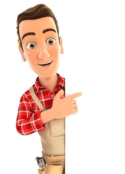 3d handyman pointing to right blank wall — Stock Photo, Image