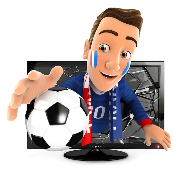 3D fransk fotboll fan kommer från TV — Stockfoto