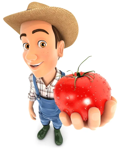 3d farmer holding a fresh tomato — Stock Photo, Image