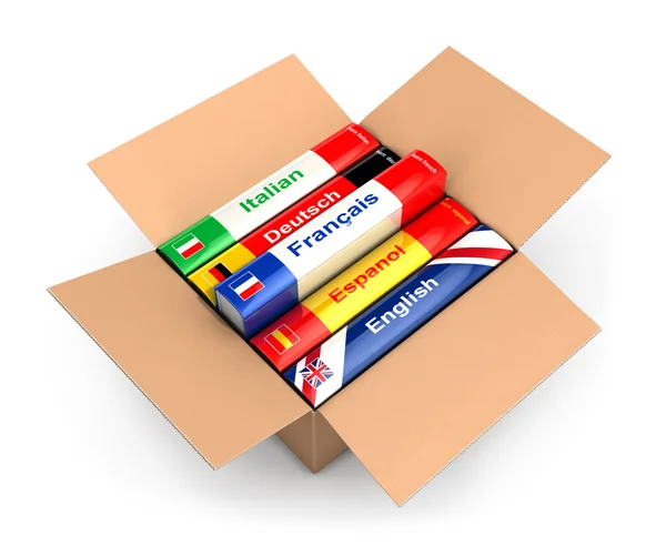 3d caja con libros de idiomas — Foto de Stock