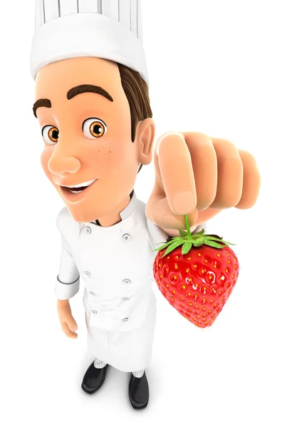 抱着一颗草莓的 3d 主厨 — 图库照片