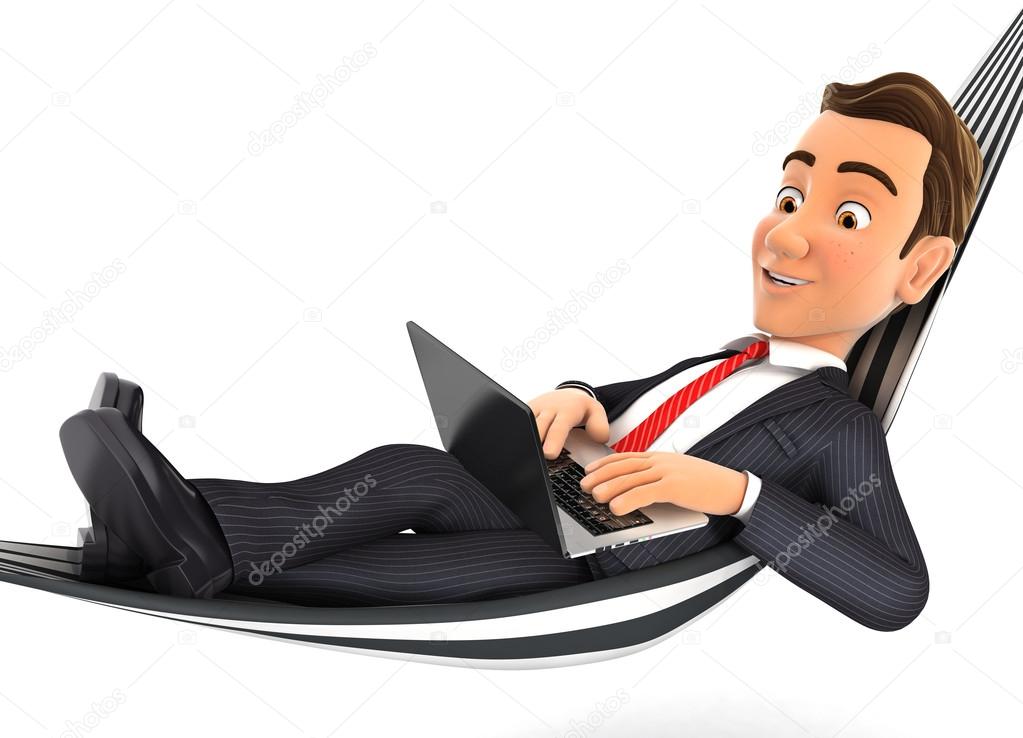 3d businessman lying in hammock and working on laptop