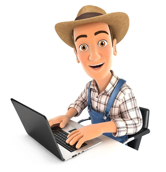 Agricultor 3d trabalhando no laptop — Fotografia de Stock