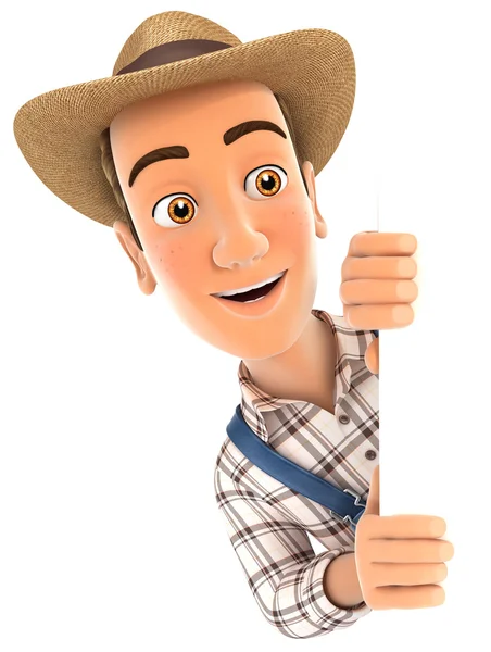 3d farmer peeping over blank wall — Stock Photo, Image